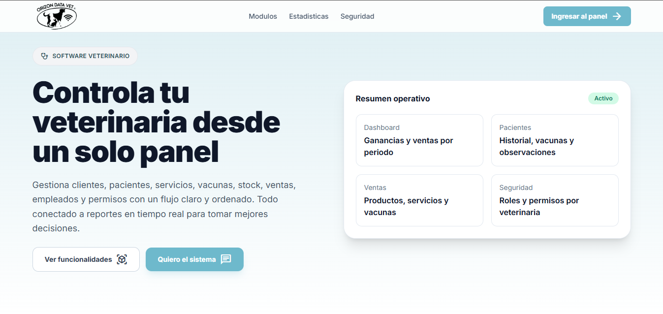 Sitio público del software veterinario Orizon Data Vet
