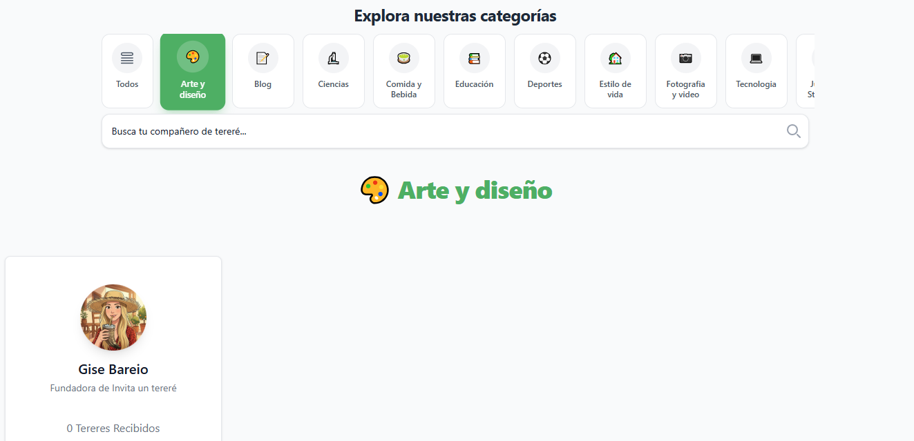 Listado de perfiles por categorías en Invita Un Tereré